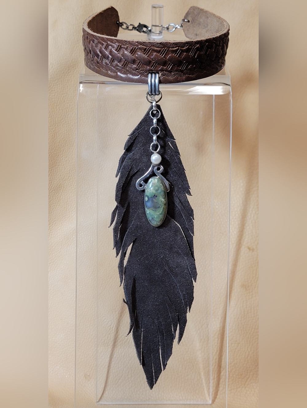 Boho Suede Feather & Moss Agate With Pearl Pendant Choker Necklace Artisian Made